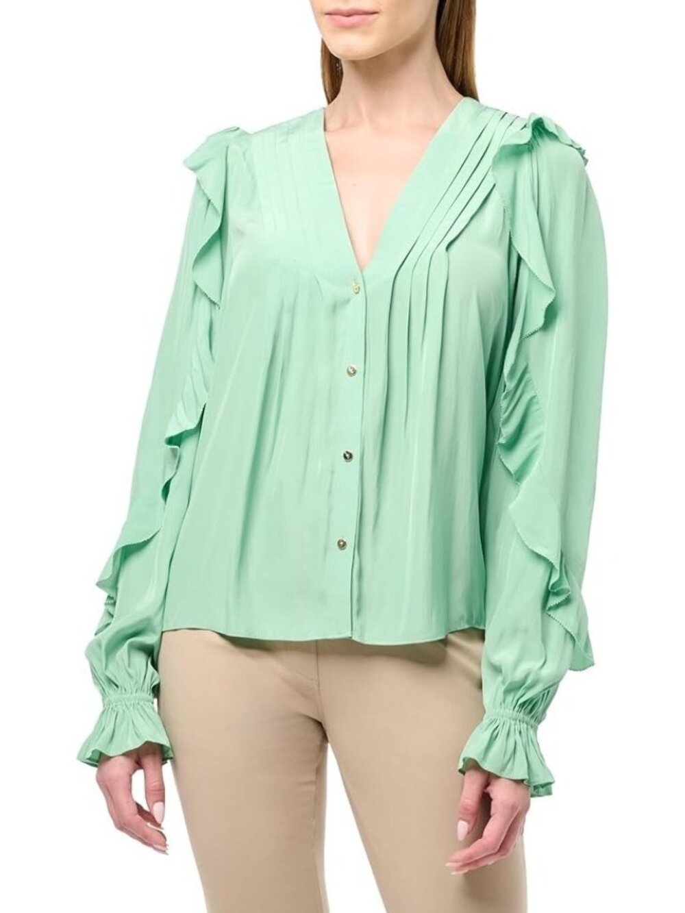 Ramy Brook Women's Estelle Long Sleeve Ruffle Top, Mineral Green XXS NWT